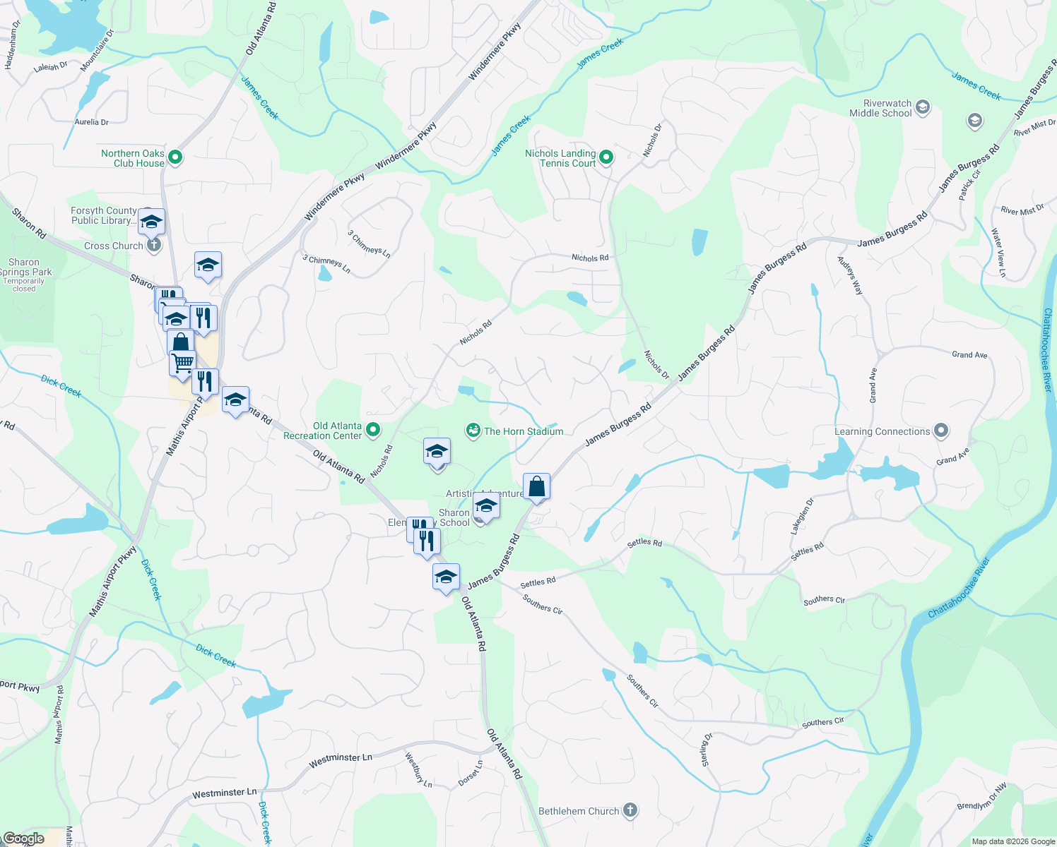 map of restaurants, bars, coffee shops, grocery stores, and more near 1790 Bramble Bush Way in Suwanee