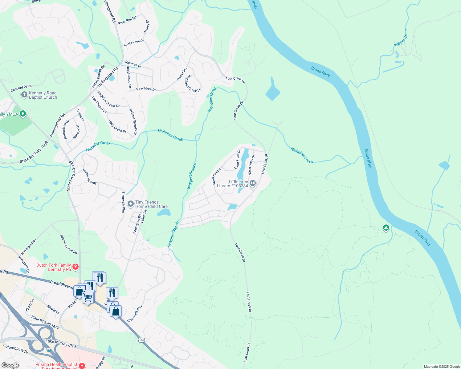 map of restaurants, bars, coffee shops, grocery stores, and more near 116 Silver Lake Circle in Columbia