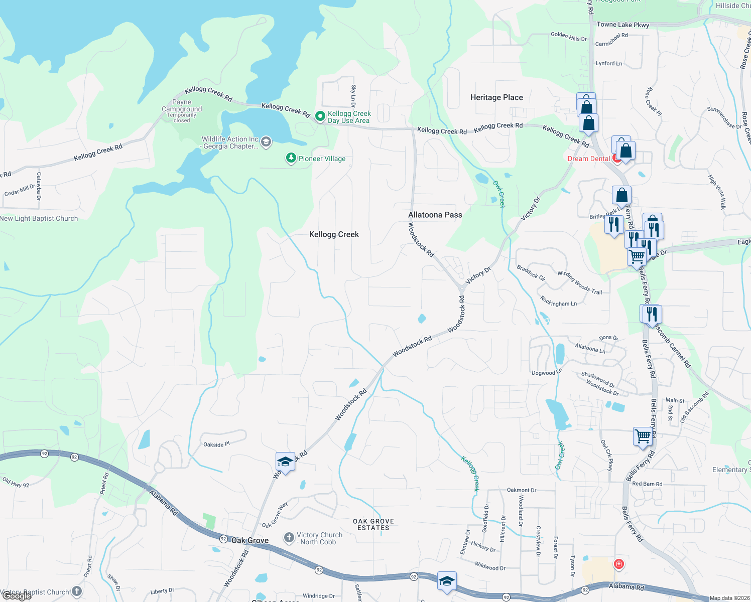 map of restaurants, bars, coffee shops, grocery stores, and more near 1930 Daffodil Dr in Acworth