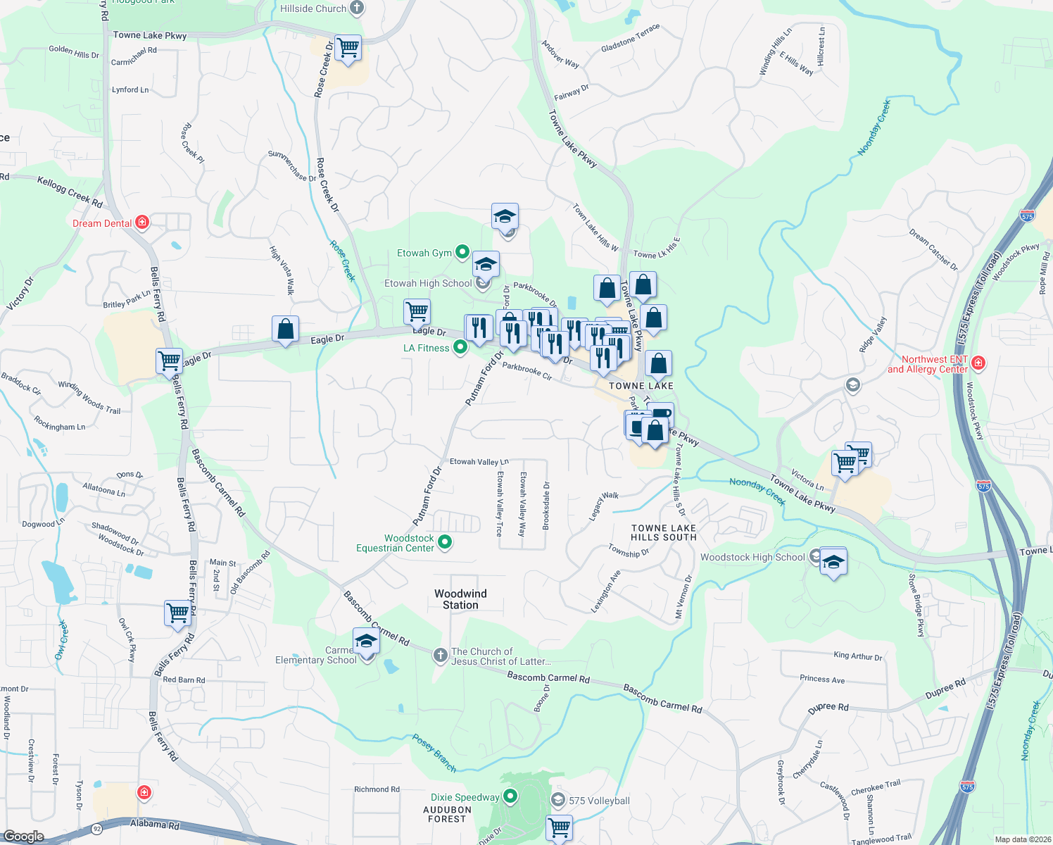 map of restaurants, bars, coffee shops, grocery stores, and more near 132 Eagle Glen Dr in Woodstock