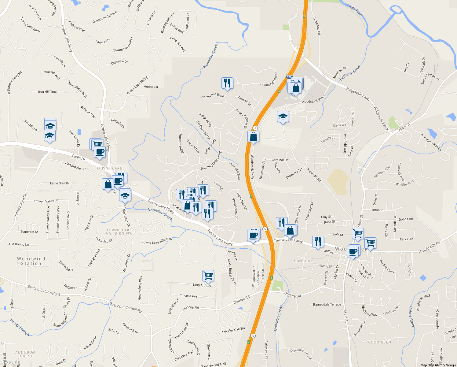 map of restaurants, bars, coffee shops, grocery stores, and more near 4267 Moccasin Trail in Woodstock