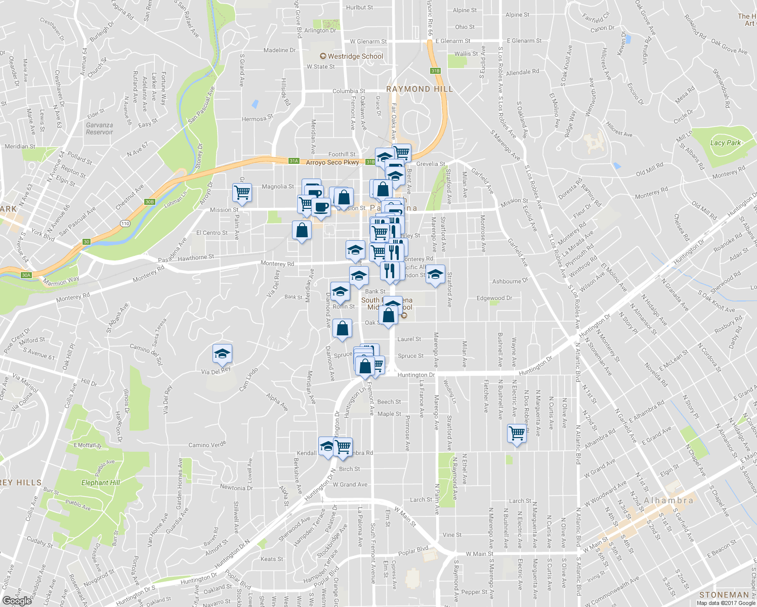 map of restaurants, bars, coffee shops, grocery stores, and more near 1500 Rollin Street in South Pasadena