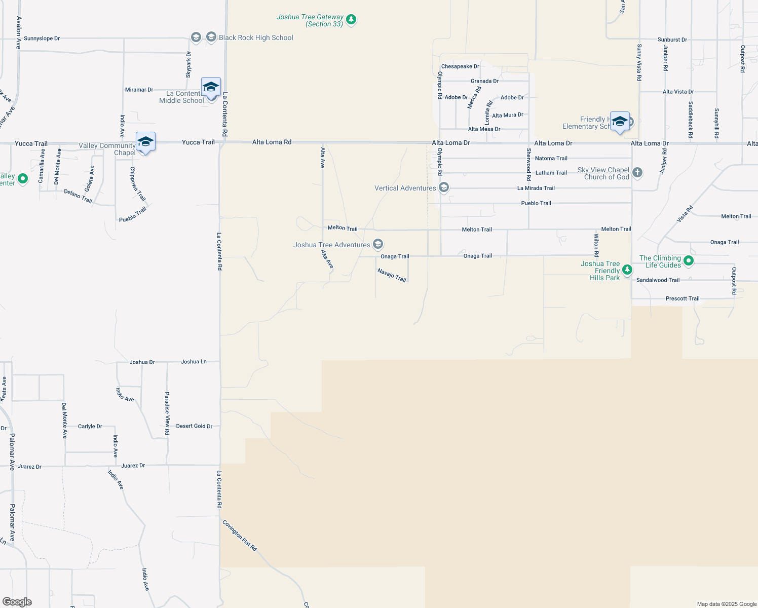 map of restaurants, bars, coffee shops, grocery stores, and more near 59945 Navajo Trail in Joshua Tree