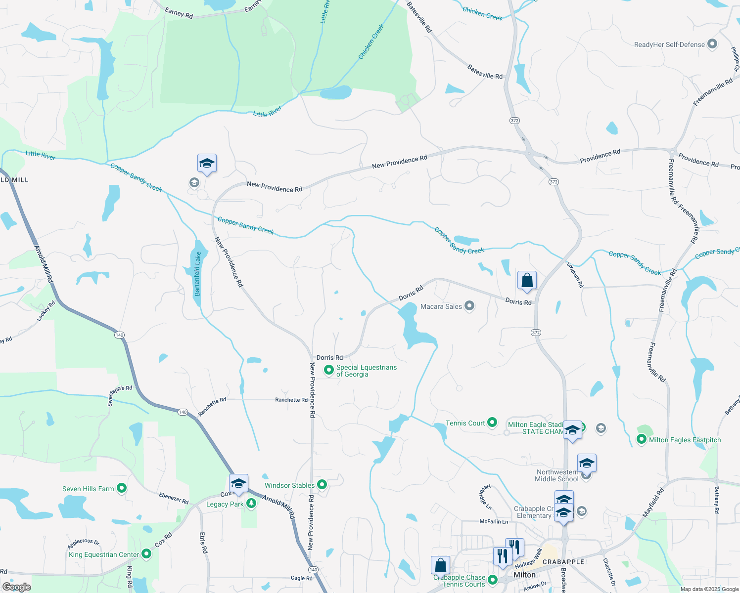 map of restaurants, bars, coffee shops, grocery stores, and more near 250 Dorris Road in Alpharetta