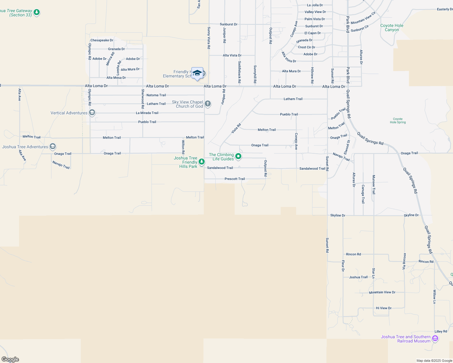 map of restaurants, bars, coffee shops, grocery stores, and more near 61047 Prescott Trail in Joshua Tree