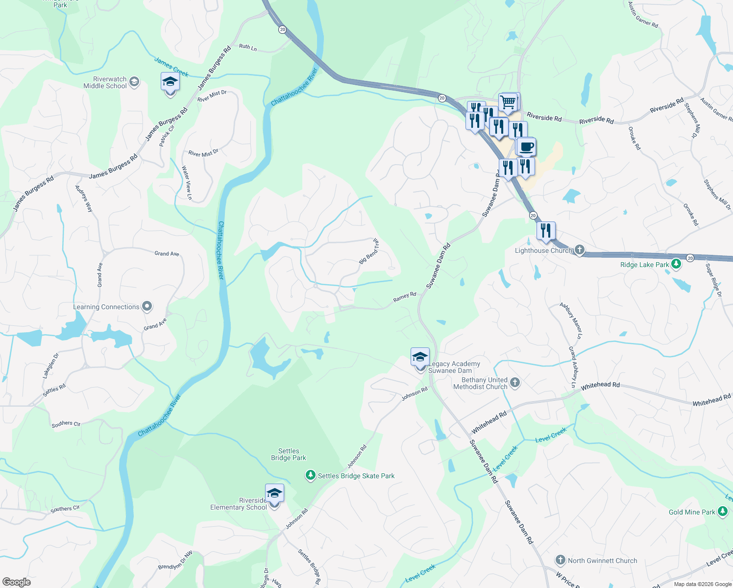map of restaurants, bars, coffee shops, grocery stores, and more near 590 Big Bend Trail in Sugar Hill