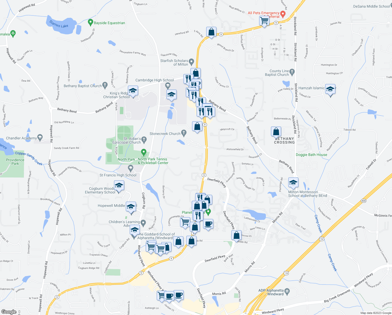 map of restaurants, bars, coffee shops, grocery stores, and more near 2963 Oakside Circle in Alpharetta