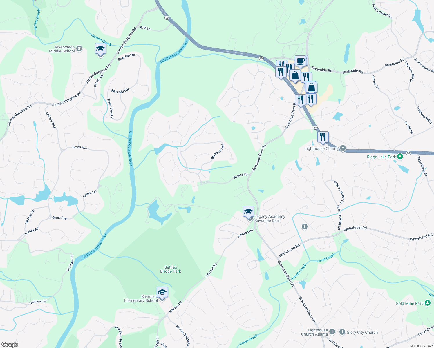 map of restaurants, bars, coffee shops, grocery stores, and more near 71 Ramey Road in Sugar Hill