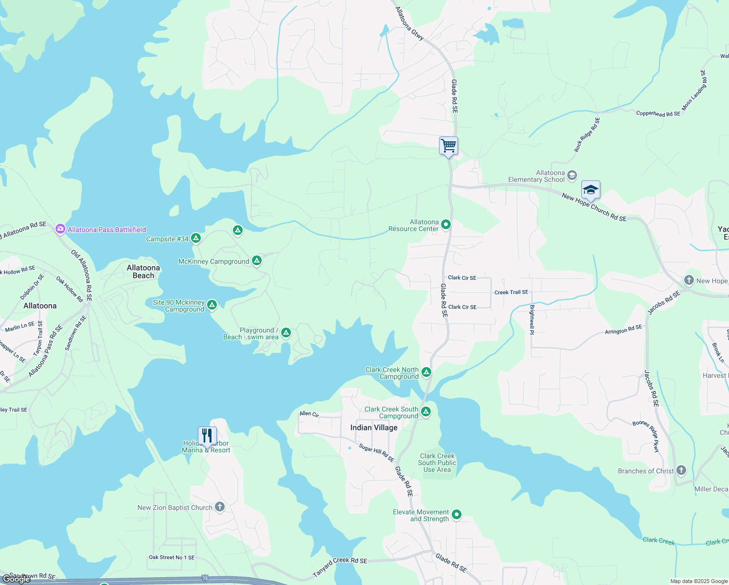map of restaurants, bars, coffee shops, grocery stores, and more near 8 Colonial Club Drive Southeast in Acworth