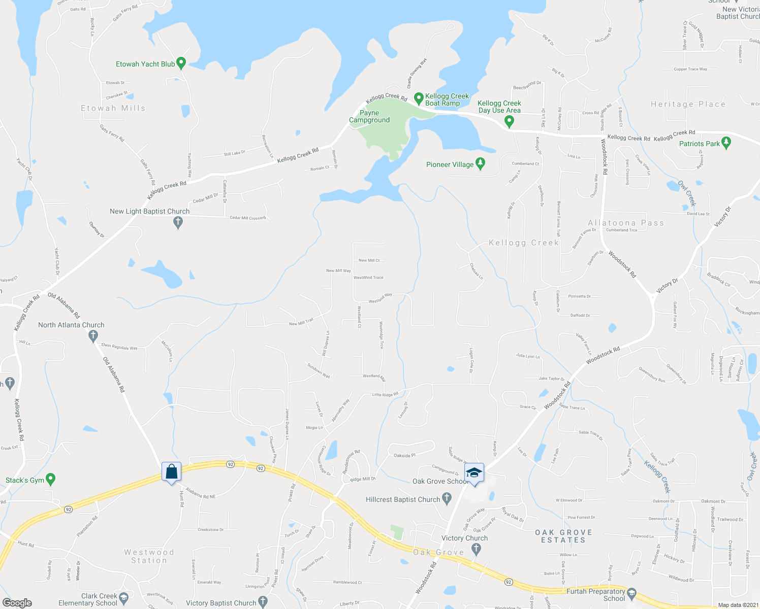 map of restaurants, bars, coffee shops, grocery stores, and more near 2407 Westland Way in Acworth
