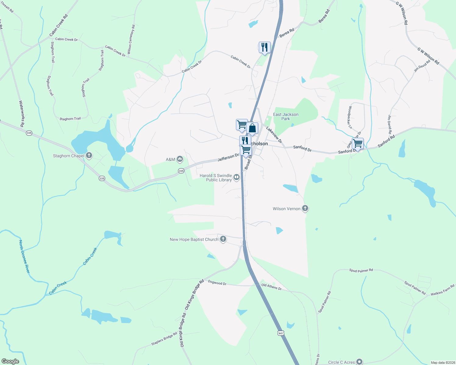 map of restaurants, bars, coffee shops, grocery stores, and more near 126 Birch St in Nicholson