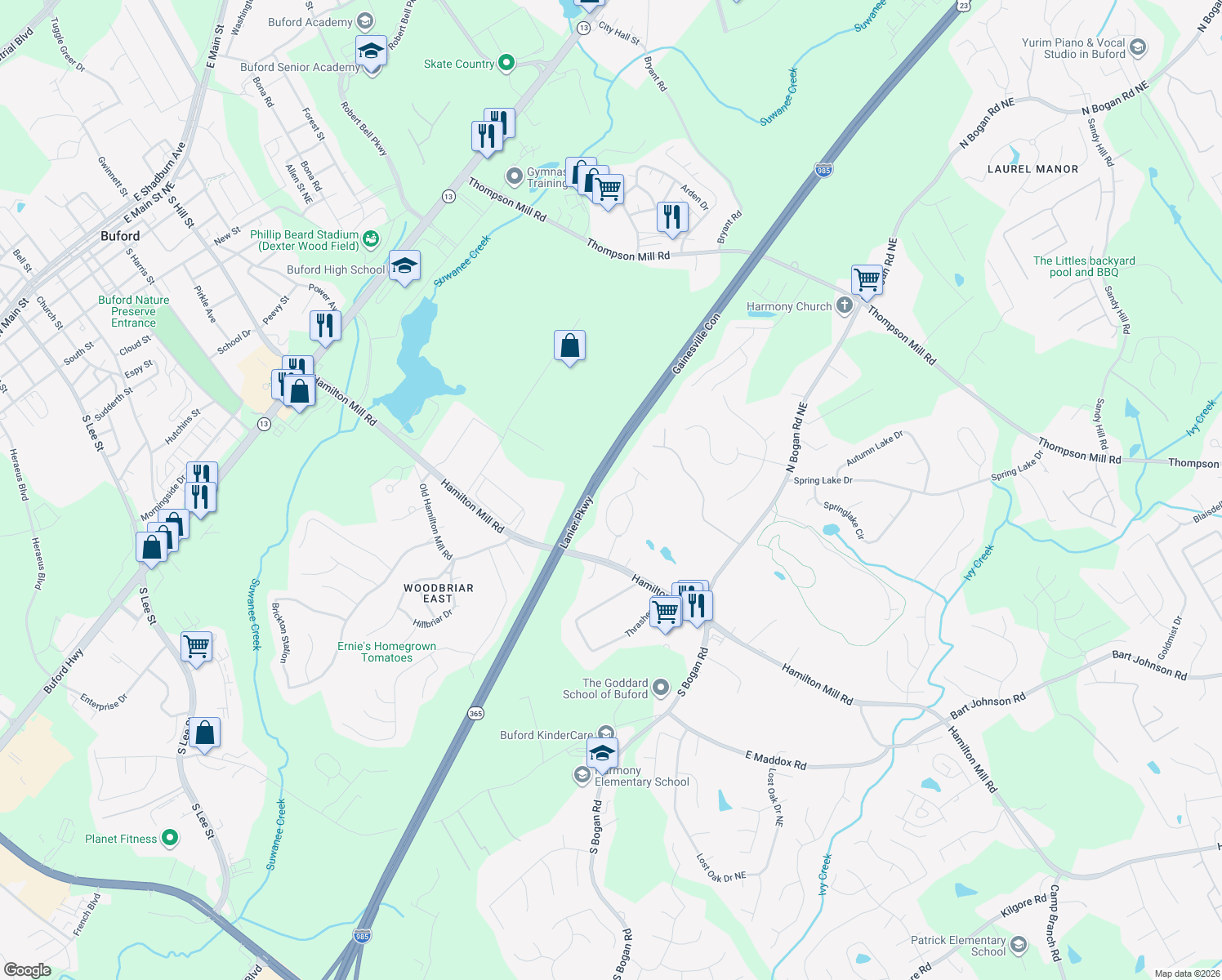 map of restaurants, bars, coffee shops, grocery stores, and more near 2572 Hamill Drive in Buford