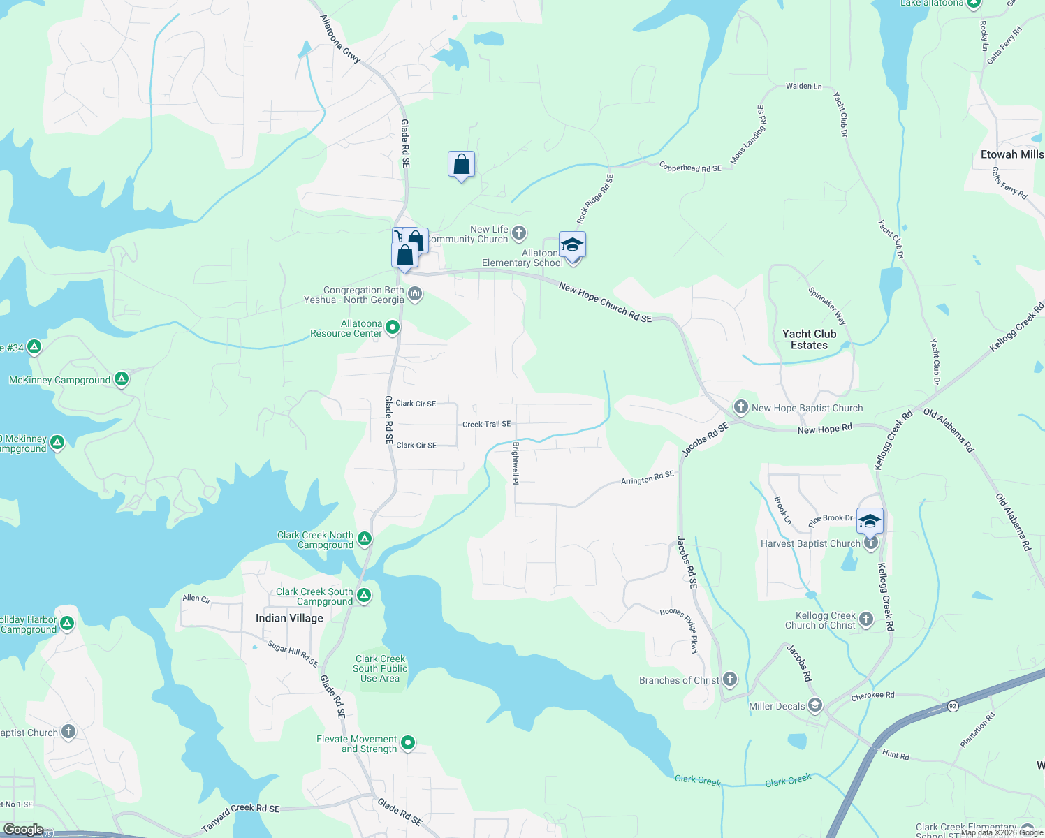 map of restaurants, bars, coffee shops, grocery stores, and more near 4244 Creek Trail Southeast in Acworth