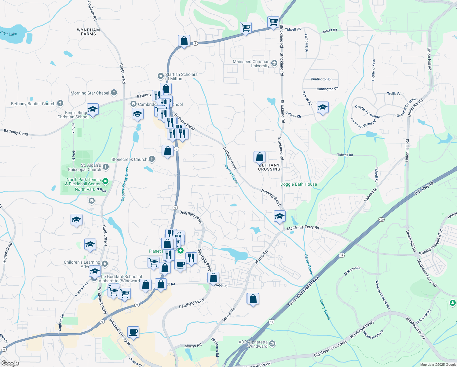 map of restaurants, bars, coffee shops, grocery stores, and more near 3350 Serenade Ct in Alpharetta