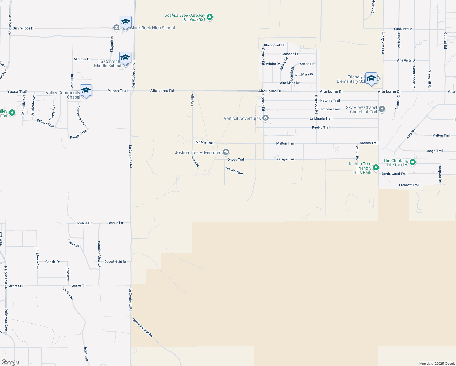 map of restaurants, bars, coffee shops, grocery stores, and more near 59945 Navajo Trail in Joshua Tree