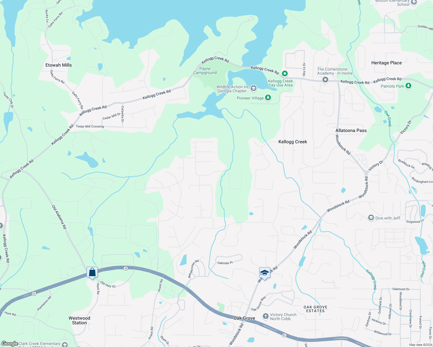map of restaurants, bars, coffee shops, grocery stores, and more near 2401 Westland Way in Acworth