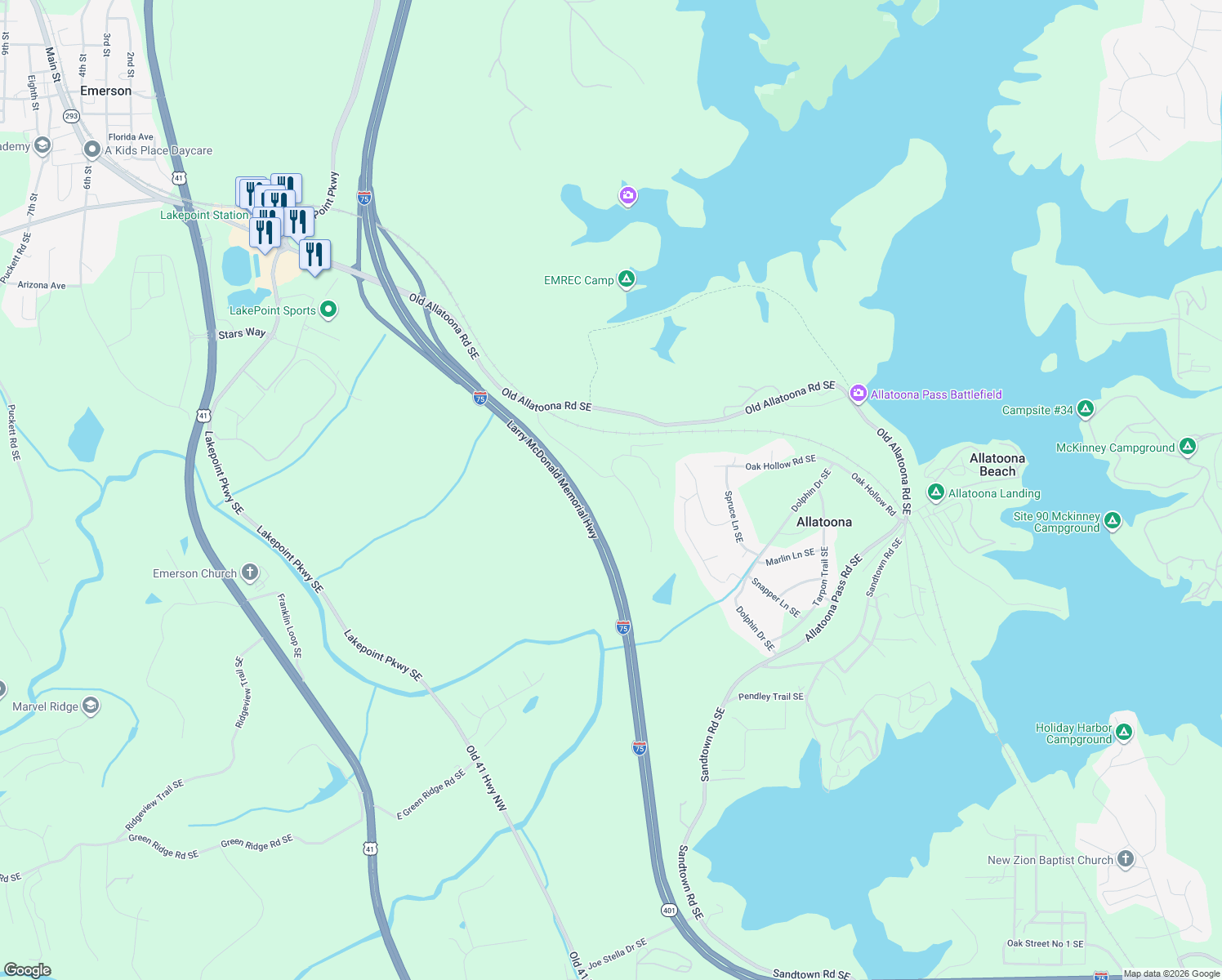 map of restaurants, bars, coffee shops, grocery stores, and more near 50 Keeling Mountain Road in Cartersville