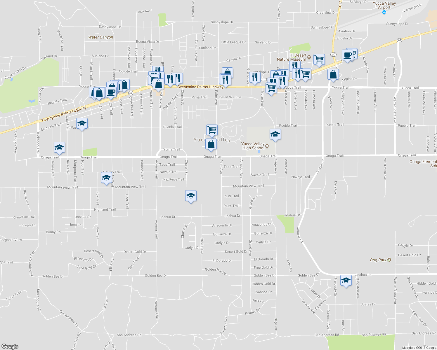 map of restaurants, bars, coffee shops, grocery stores, and more near 7824 Palm Avenue in Yucca Valley