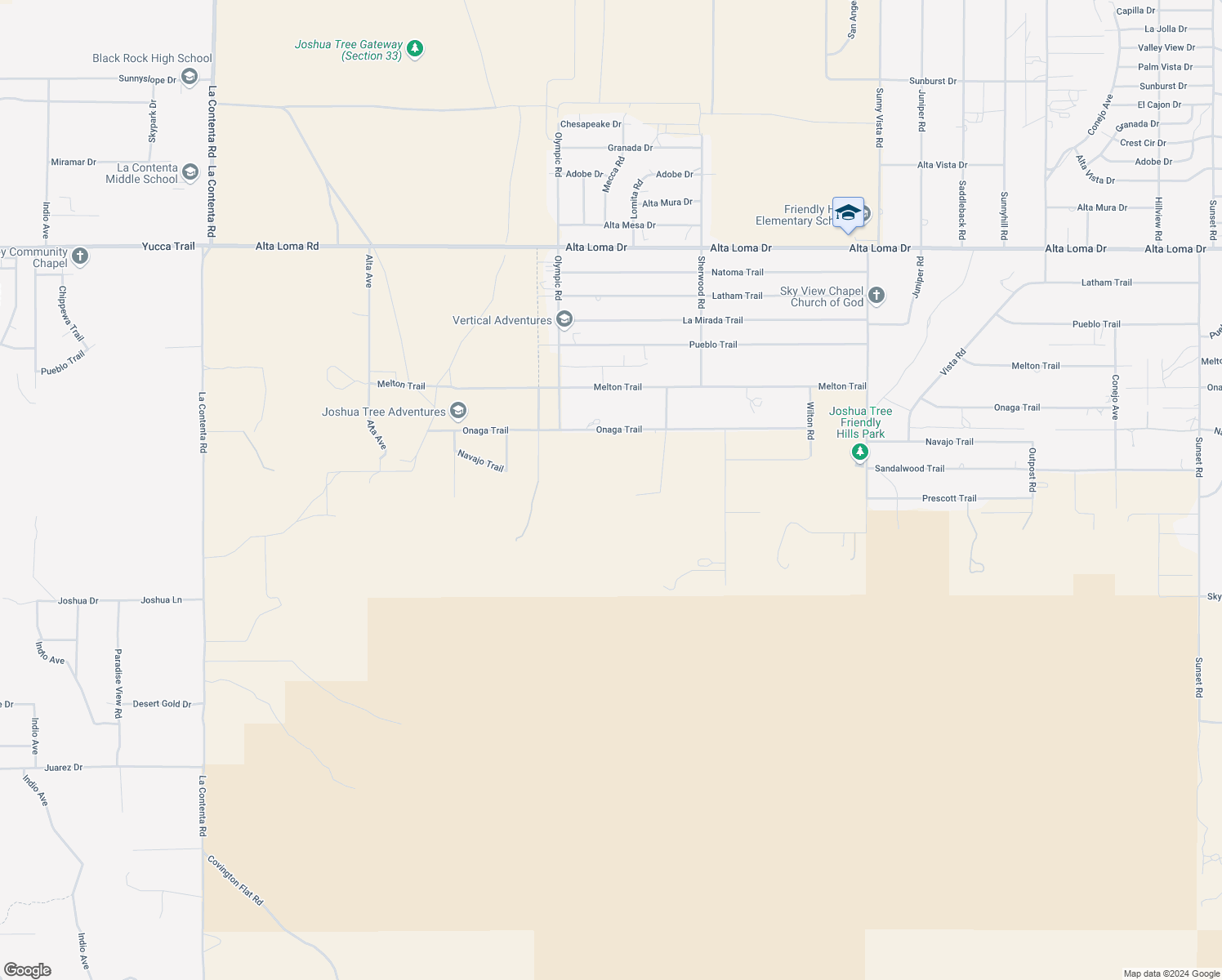 map of restaurants, bars, coffee shops, grocery stores, and more near 60300 Mountain Trail in Joshua Tree