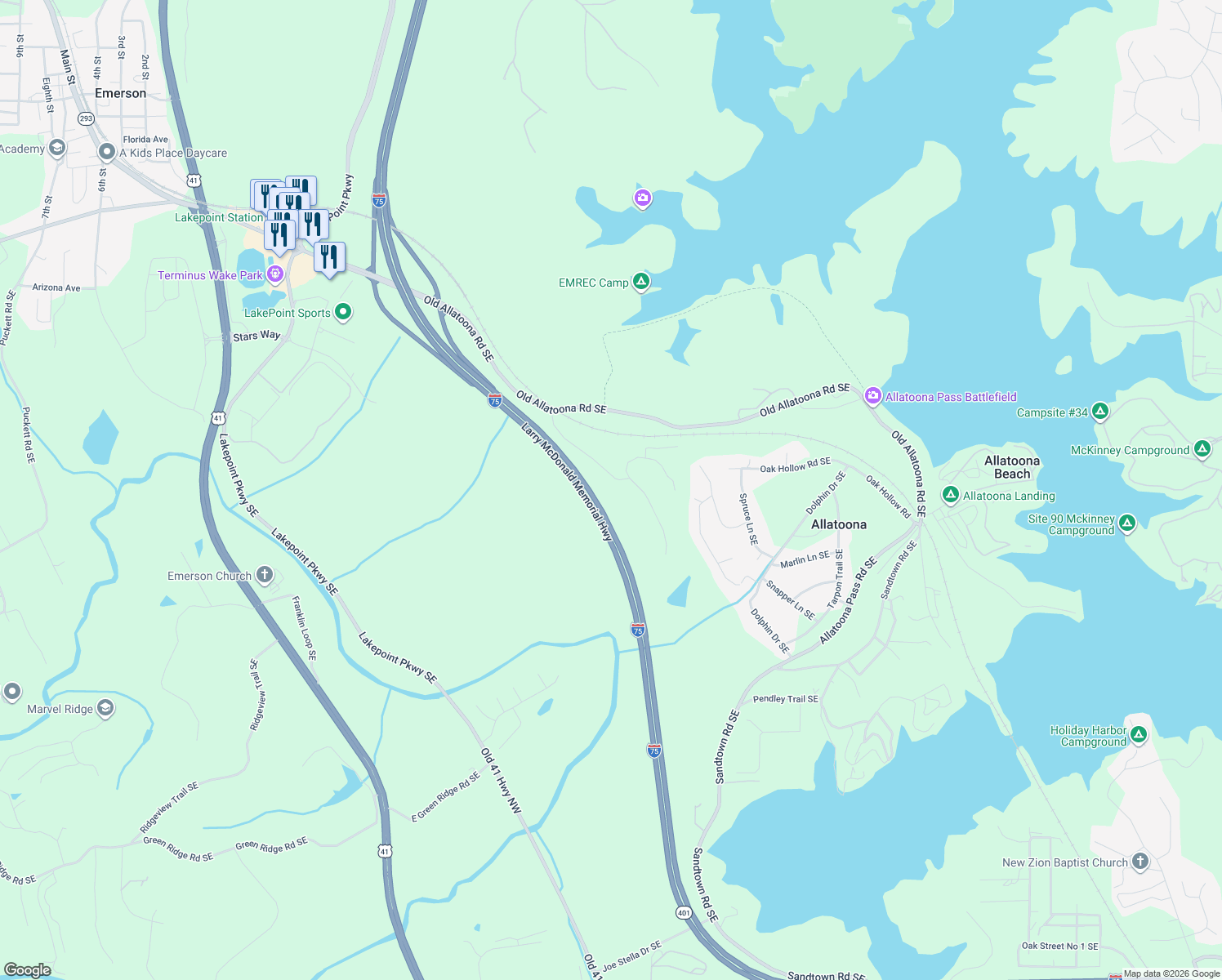 map of restaurants, bars, coffee shops, grocery stores, and more near 57 Keeling Mountain Road in Cartersville