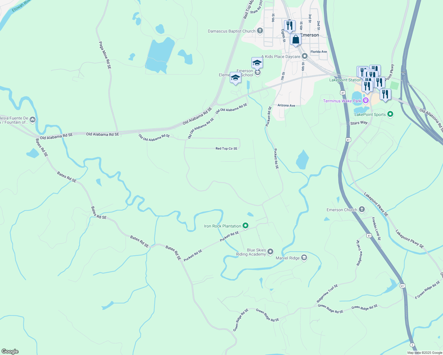 map of restaurants, bars, coffee shops, grocery stores, and more near 101 Bevil Ridge Road Southeast in Emerson