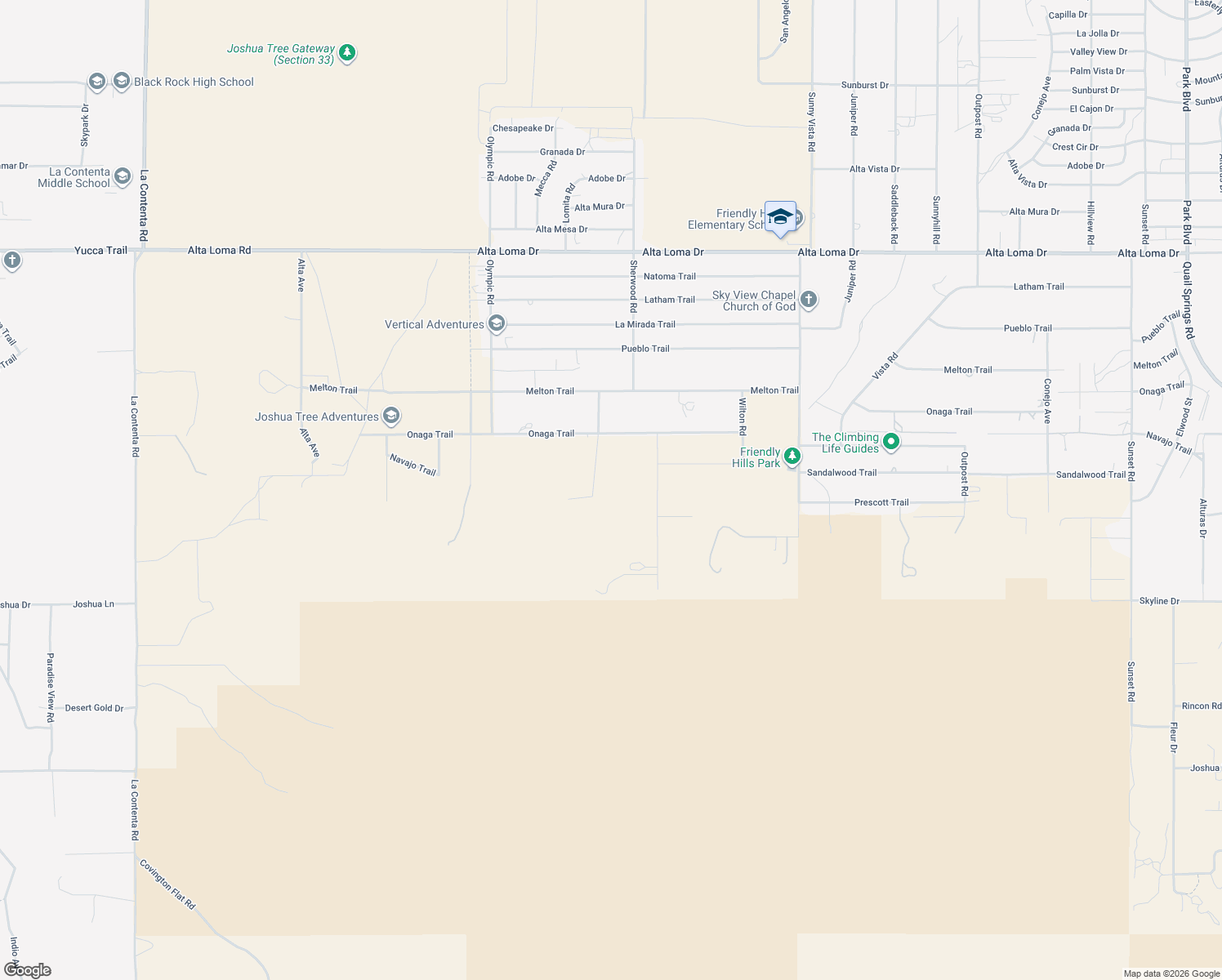 map of restaurants, bars, coffee shops, grocery stores, and more near 7821 Rockwood Road in Joshua Tree