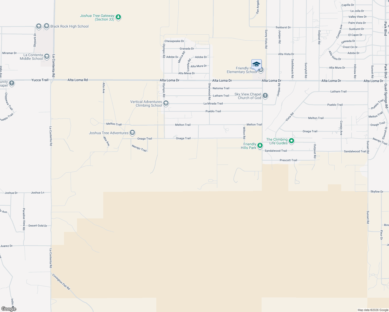 map of restaurants, bars, coffee shops, grocery stores, and more near 7818 Rockwood Road in Joshua Tree