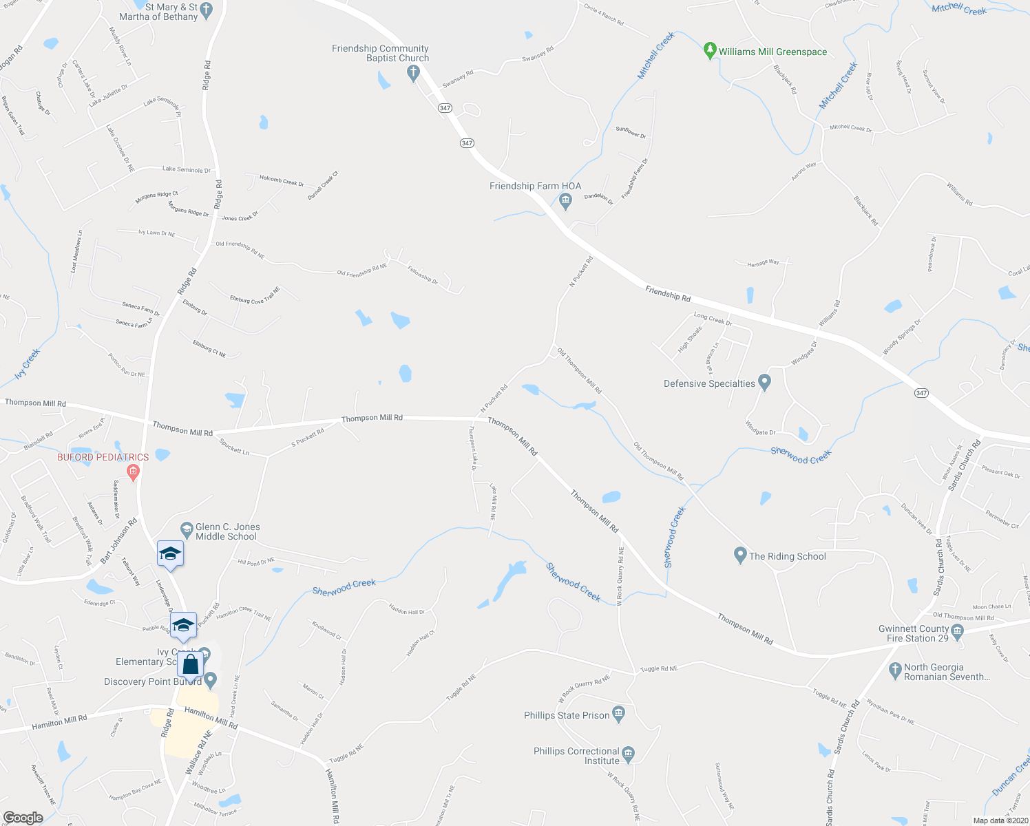 map of restaurants, bars, coffee shops, grocery stores, and more near 3531 Thompson Mill Road in Buford