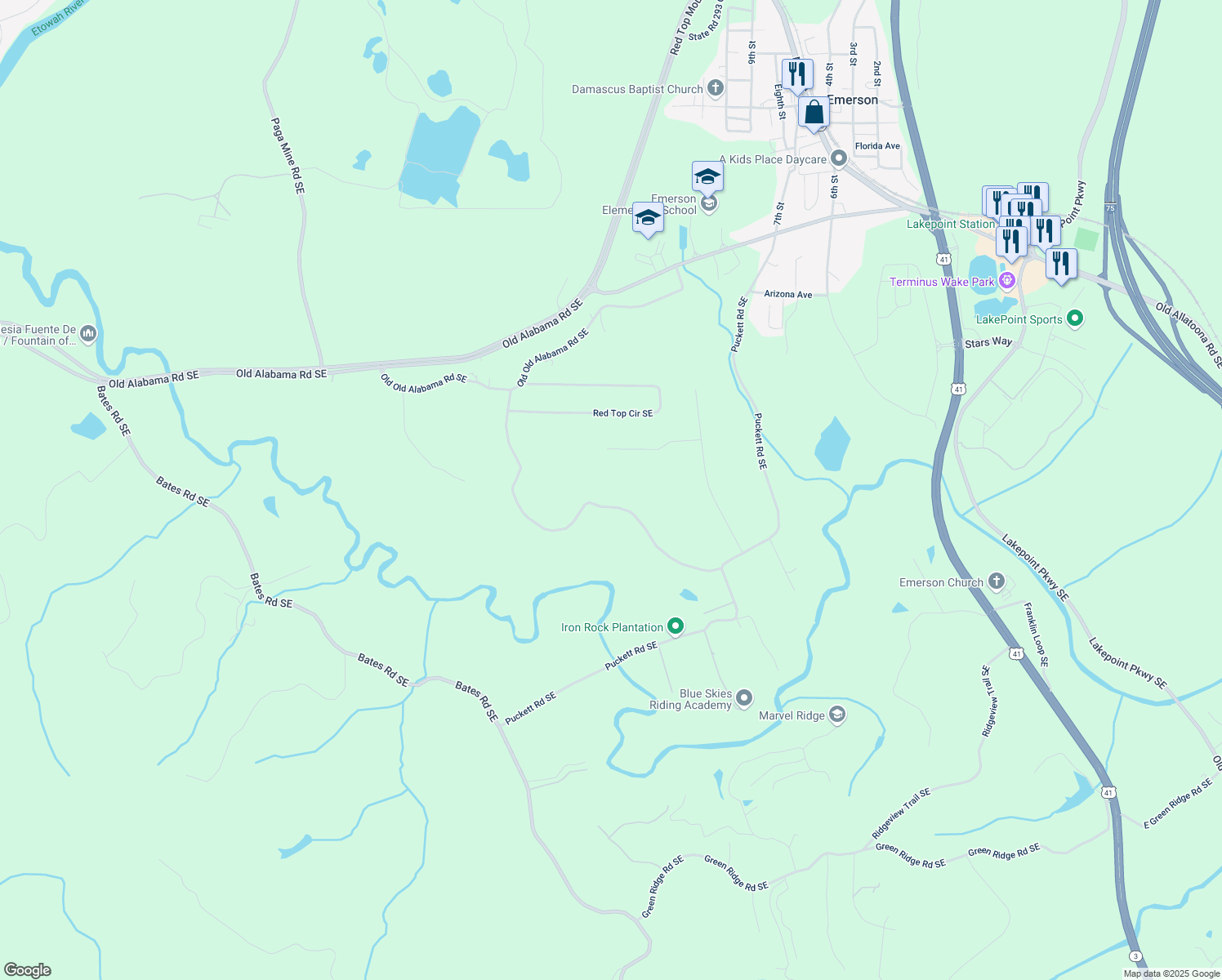 map of restaurants, bars, coffee shops, grocery stores, and more near 101 Bevil Ridge Road Southeast in Emerson