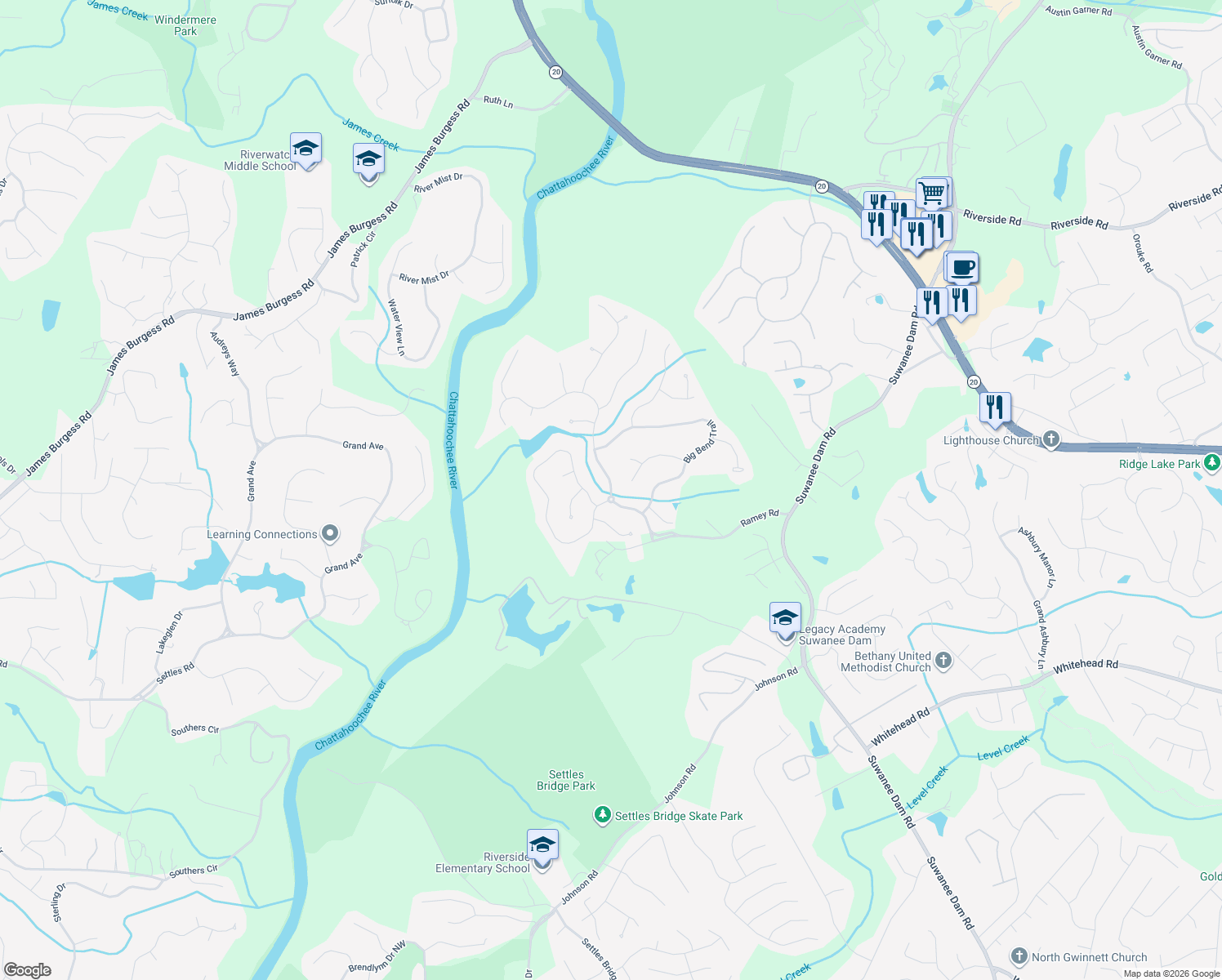 map of restaurants, bars, coffee shops, grocery stores, and more near 5835 Wild Timber Road in Sugar Hill