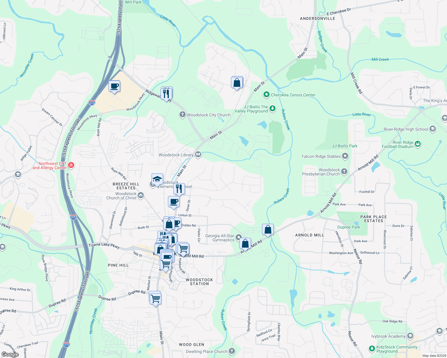map of restaurants, bars, coffee shops, grocery stores, and more near 616 Oakbourne Way in Woodstock