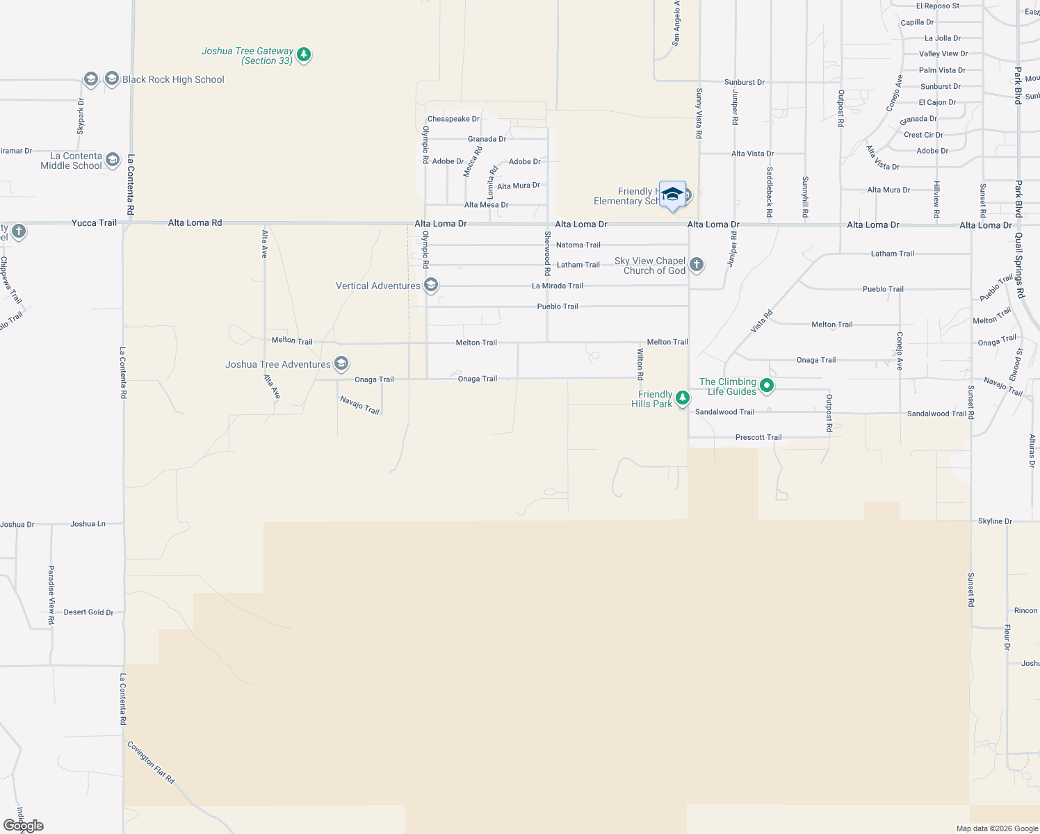 map of restaurants, bars, coffee shops, grocery stores, and more near 7809 Rockwood Road in Joshua Tree