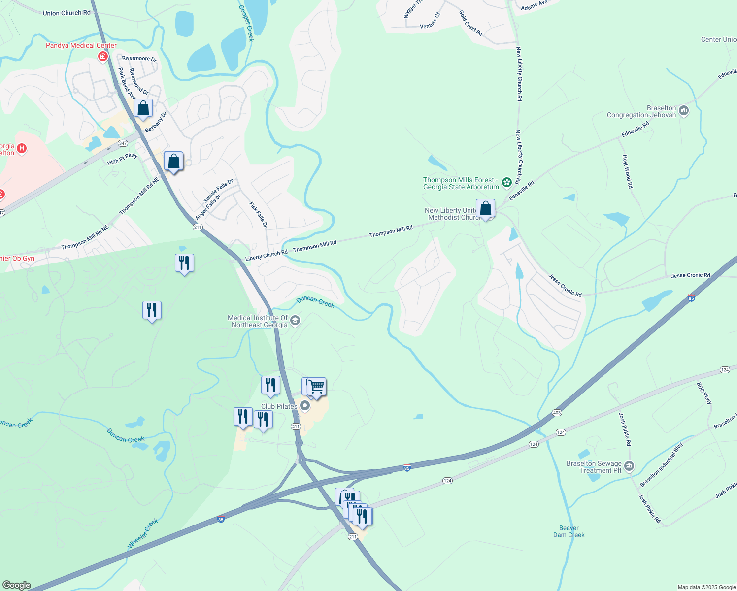 map of restaurants, bars, coffee shops, grocery stores, and more near 675 Broadmoor Drive in Braselton