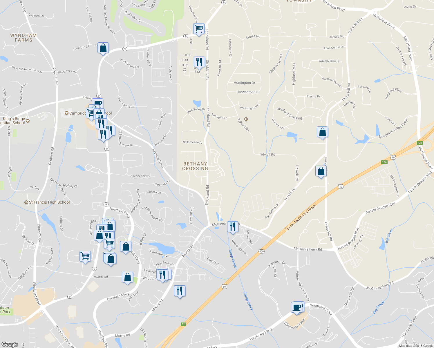 map of restaurants, bars, coffee shops, grocery stores, and more near 1040 Peyton View Court in Alpharetta