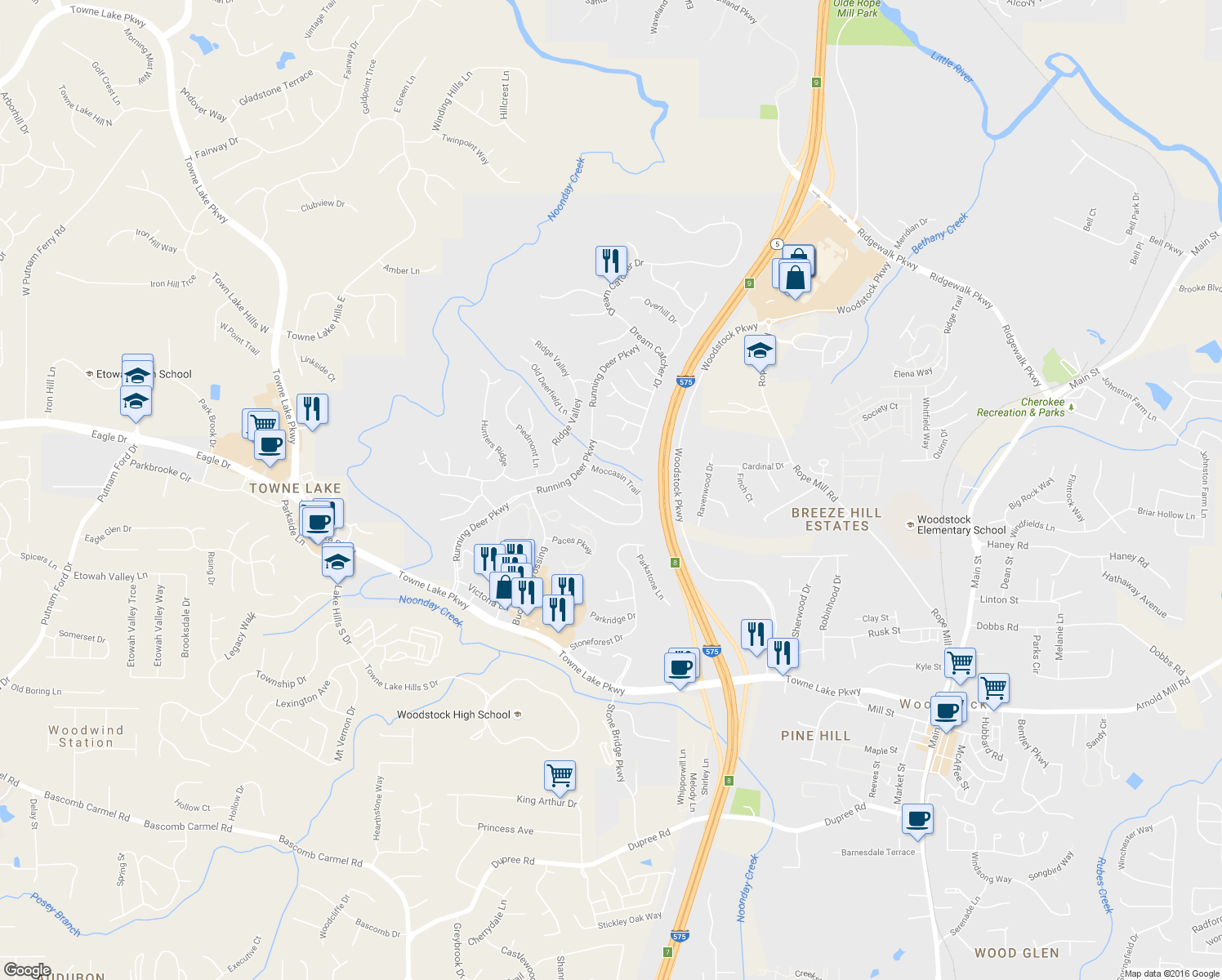 map of restaurants, bars, coffee shops, grocery stores, and more near 114 Bear Cave Trail in Woodstock