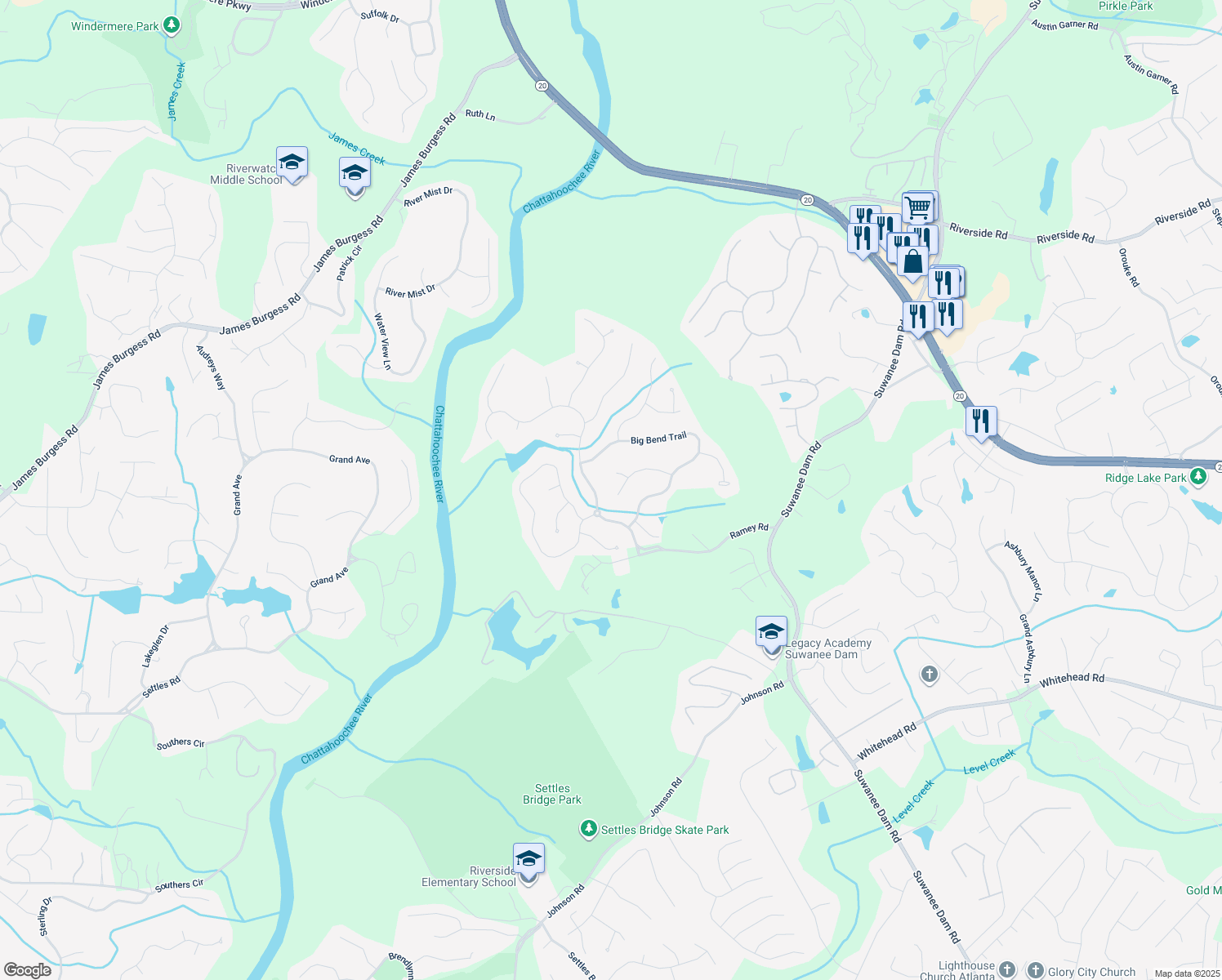 map of restaurants, bars, coffee shops, grocery stores, and more near 315 Beech Tree Hollow Northwest in Sugar Hill