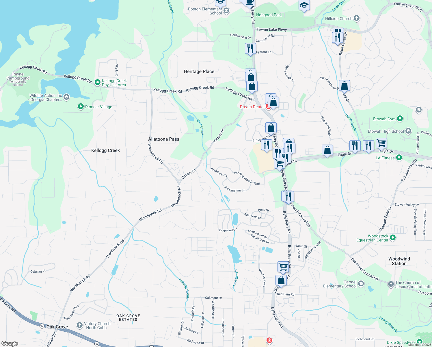 map of restaurants, bars, coffee shops, grocery stores, and more near 1025 Braddock Circle in Woodstock