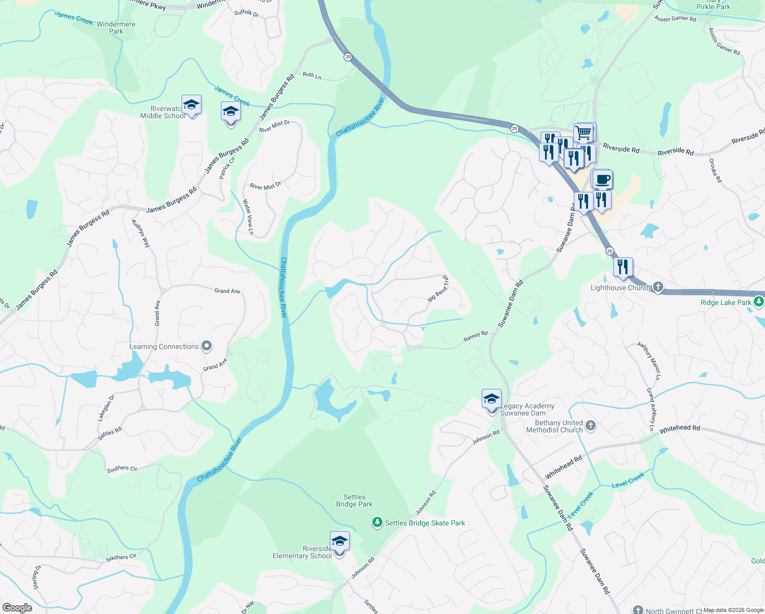 map of restaurants, bars, coffee shops, grocery stores, and more near 5935 Wild Timber Road in Sugar Hill