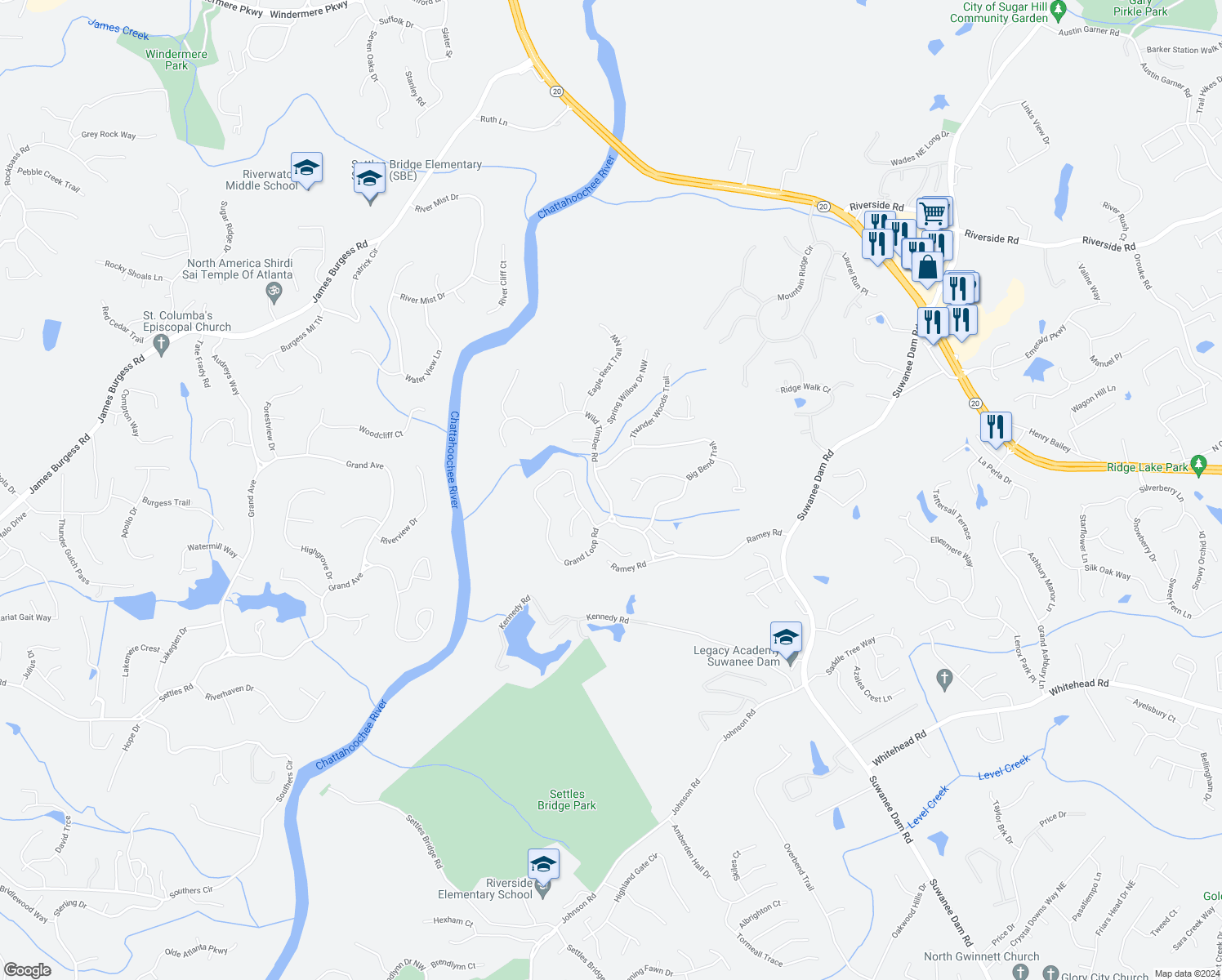 map of restaurants, bars, coffee shops, grocery stores, and more near 5935 Wild Timber Road in Sugar Hill