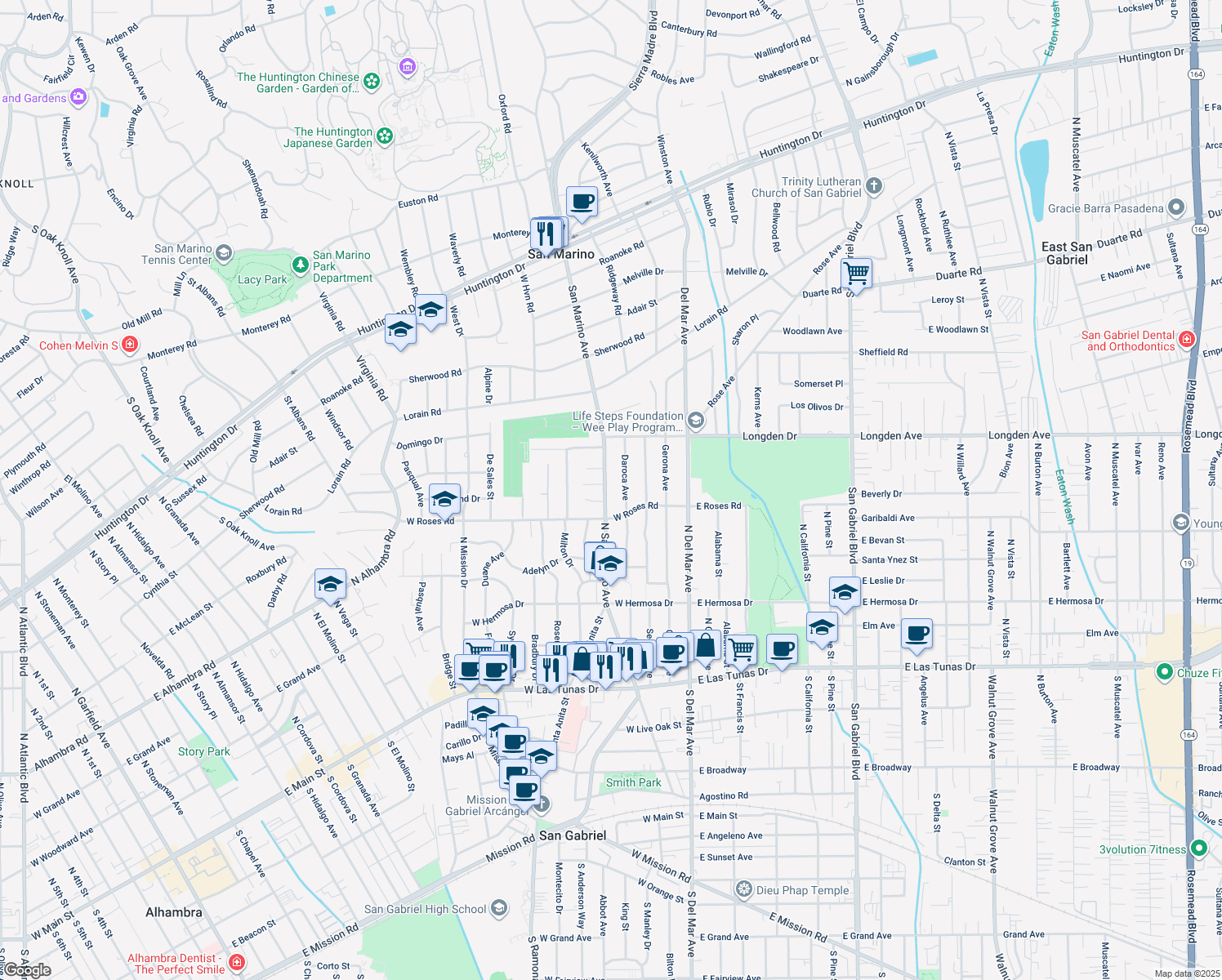 map of restaurants, bars, coffee shops, grocery stores, and more near 532 North San Marino Avenue in San Gabriel