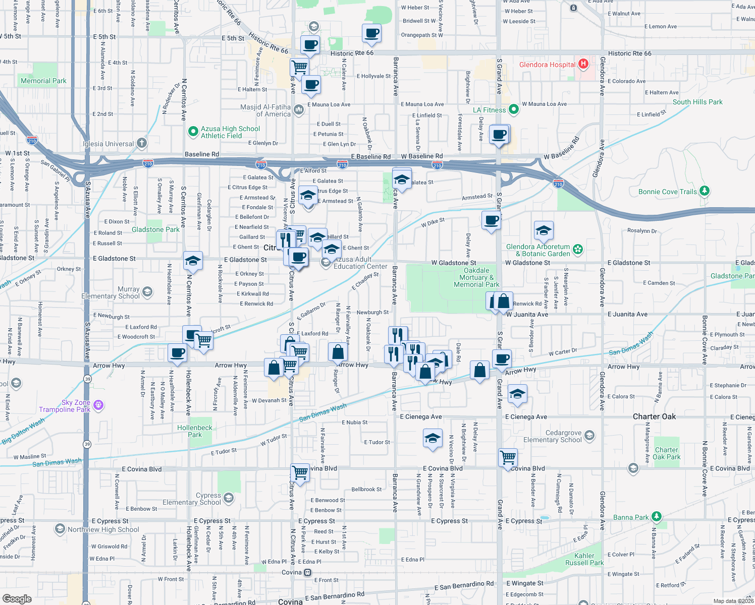 map of restaurants, bars, coffee shops, grocery stores, and more near 5421 North Traymore Avenue in Covina