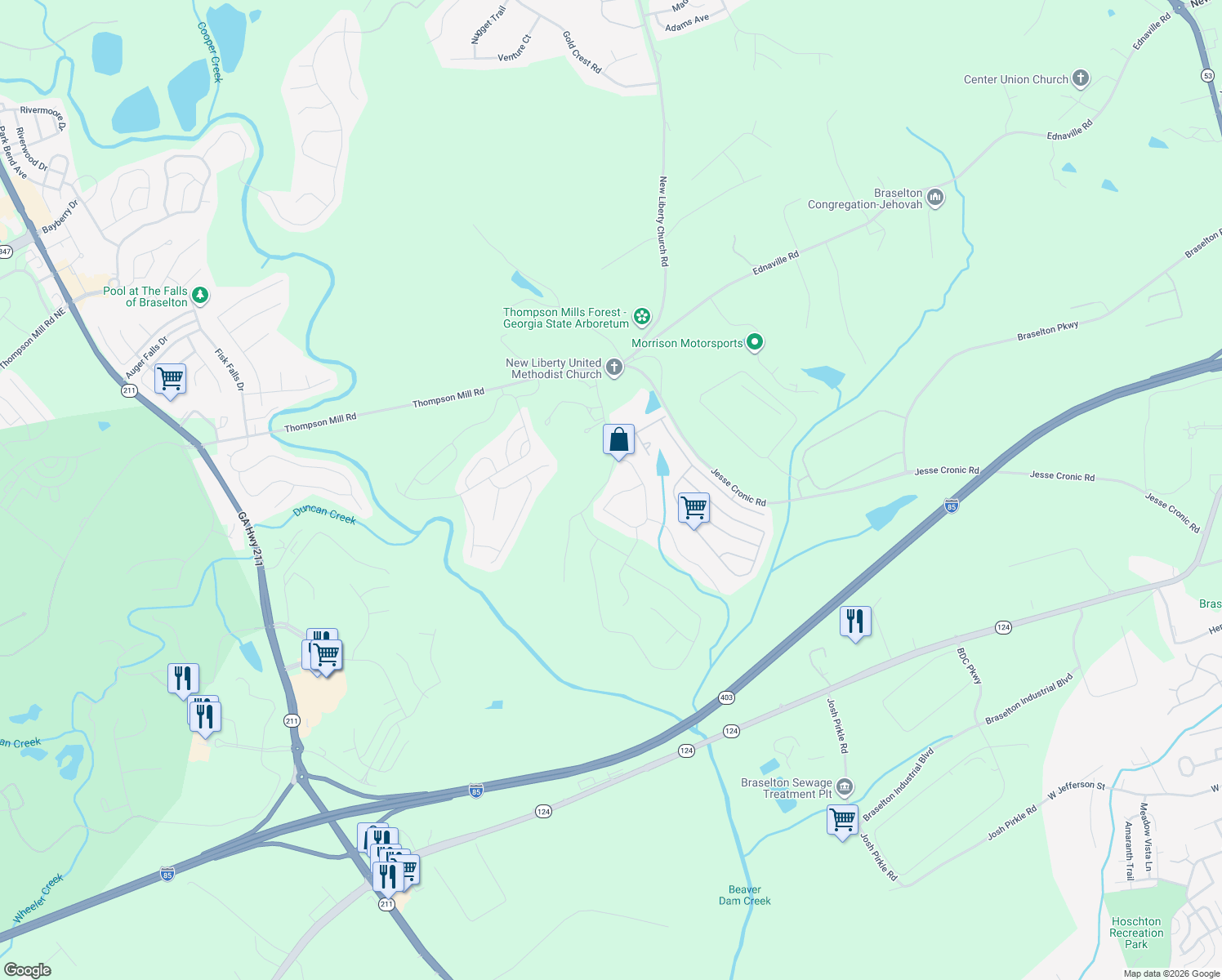 map of restaurants, bars, coffee shops, grocery stores, and more near 289 Bakers Farm Cir in Braselton