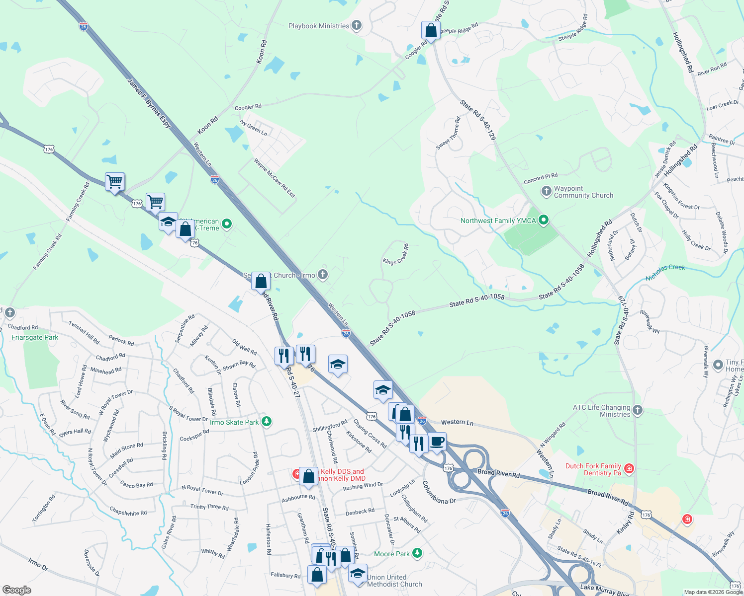 map of restaurants, bars, coffee shops, grocery stores, and more near 412 Audubon Oaks Way in Irmo