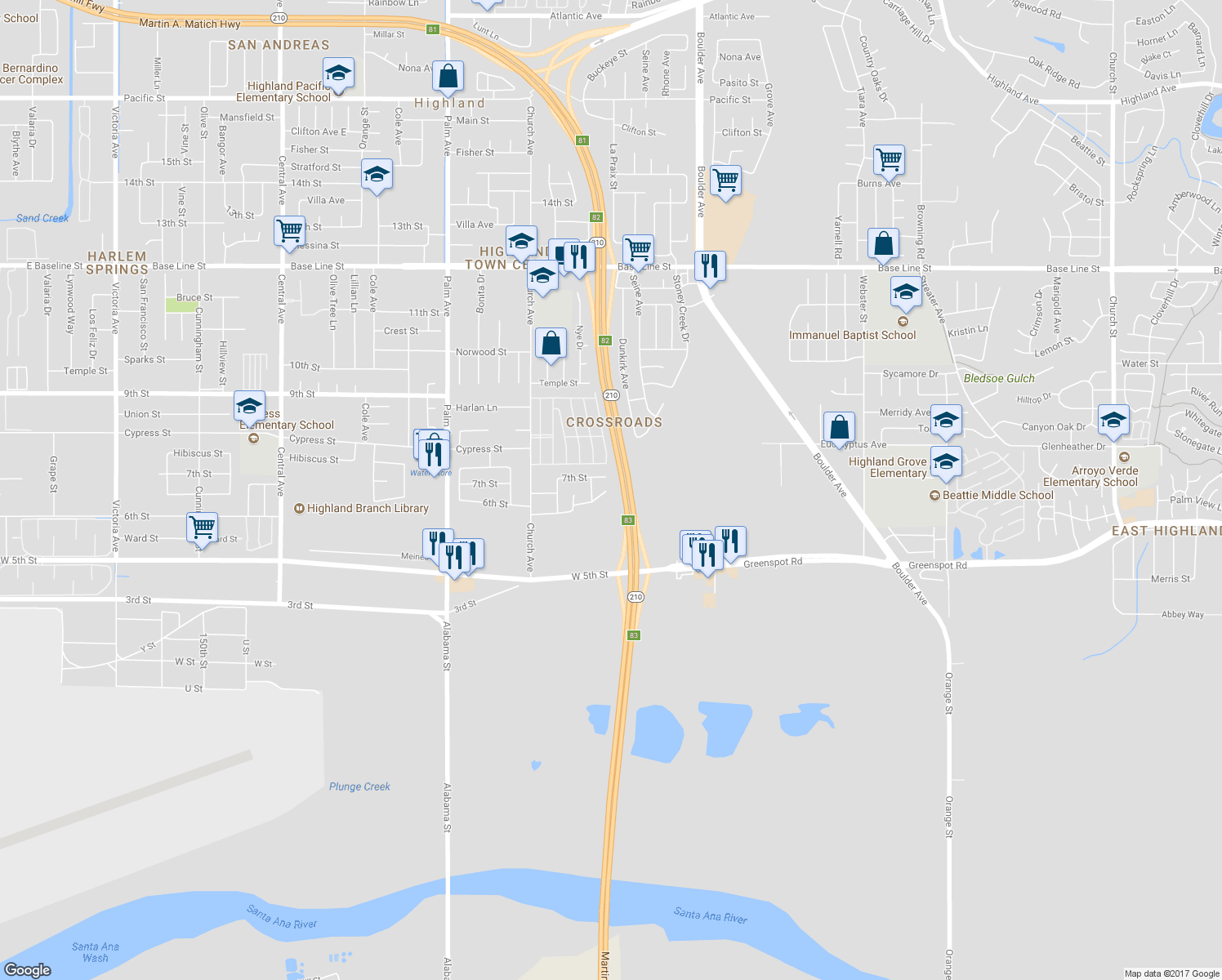 map of restaurants, bars, coffee shops, grocery stores, and more near 27691 Powell Drive in Highland