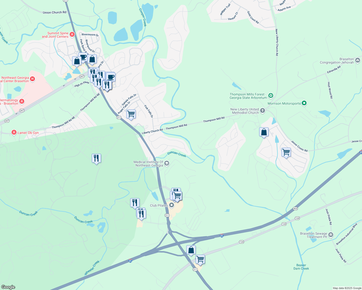 map of restaurants, bars, coffee shops, grocery stores, and more near 777 Sienna Valley Drive in Braselton