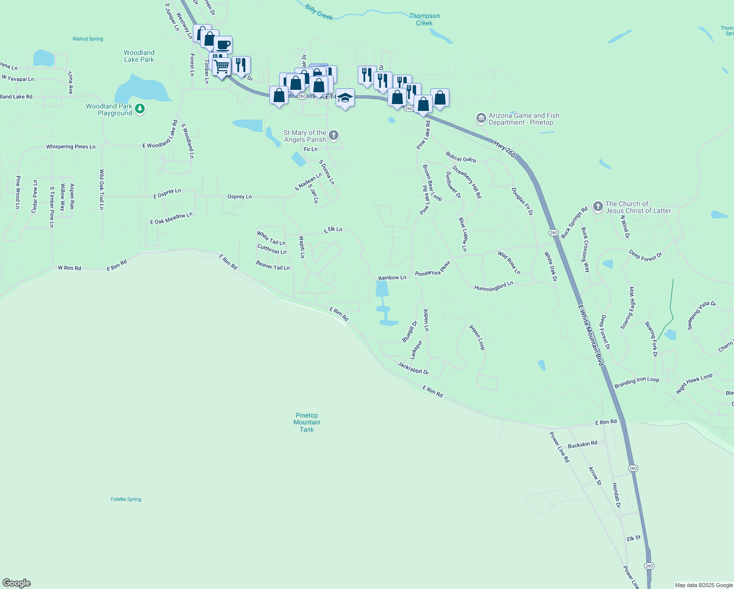 map of restaurants, bars, coffee shops, grocery stores, and more near 3140 Rainbow Lane in Pinetop-Lakeside