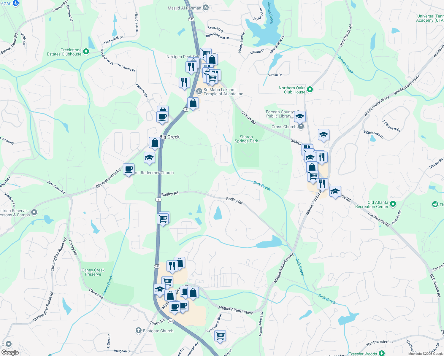 map of restaurants, bars, coffee shops, grocery stores, and more near 2280 Stonegate Dr in Cumming