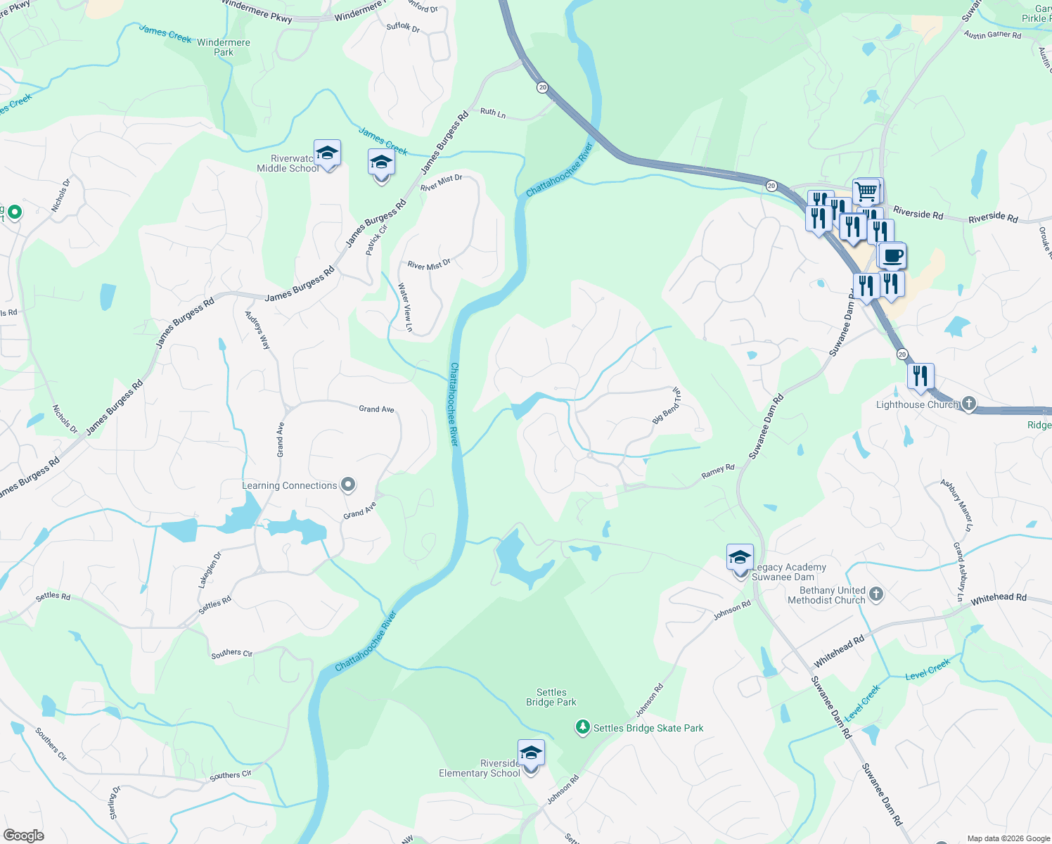 map of restaurants, bars, coffee shops, grocery stores, and more near 6099 Grand Loop Road in Sugar Hill