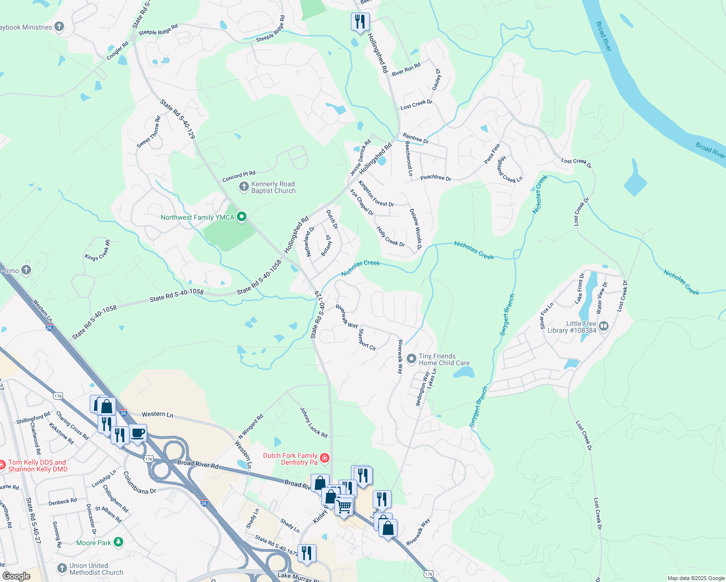 map of restaurants, bars, coffee shops, grocery stores, and more near 134 Stockland Rd in Irmo