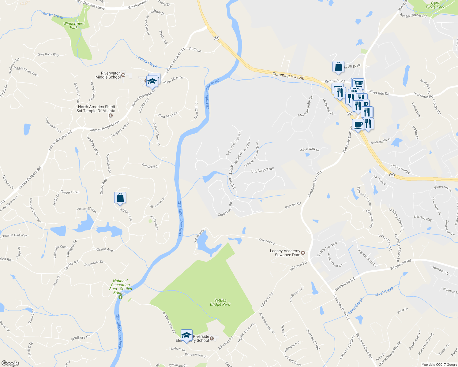 map of restaurants, bars, coffee shops, grocery stores, and more near 5960 Wild Timber Road in Sugar Hill